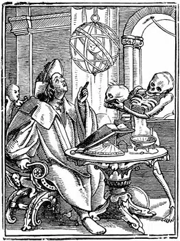 Gravure ancienne représentant un astrologue calculant un thème astral